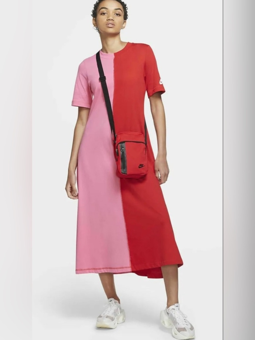 Nike Sportswear Womens Pink/Red Colorblock Loose Fit SS Maxi Dress NEW Size L
